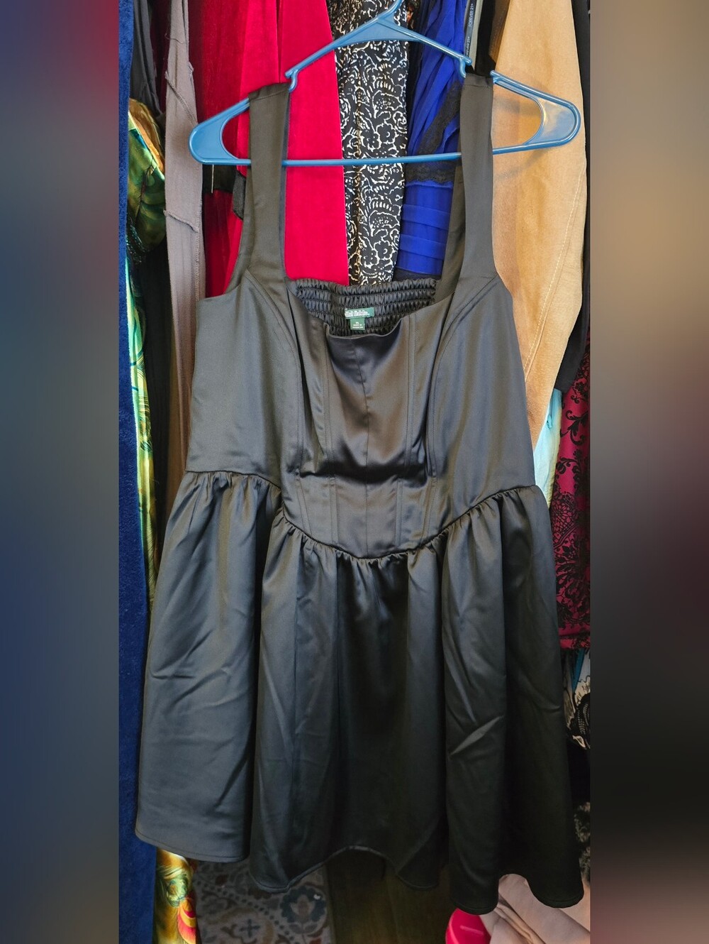 wild fable Black Strapless Satin Dress with Smocked Back